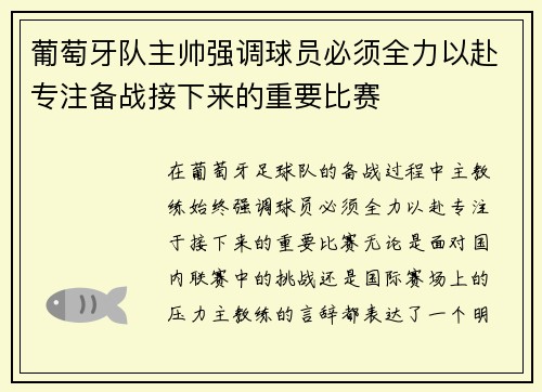 葡萄牙队主帅强调球员必须全力以赴专注备战接下来的重要比赛