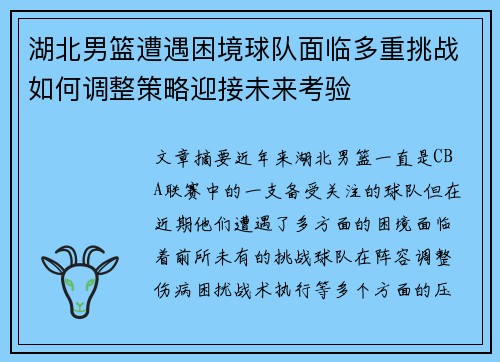 湖北男篮遭遇困境球队面临多重挑战如何调整策略迎接未来考验