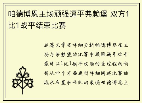 帕德博恩主场顽强逼平弗赖堡 双方1比1战平结束比赛