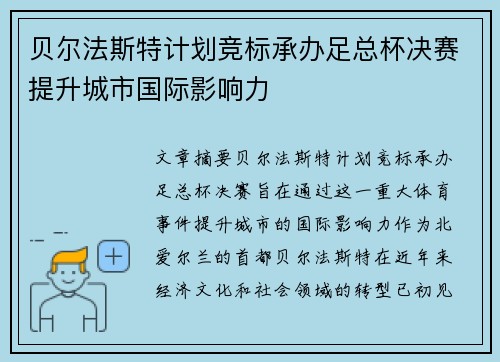 贝尔法斯特计划竞标承办足总杯决赛提升城市国际影响力