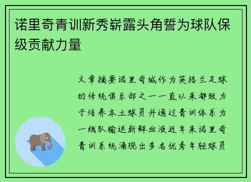 诺里奇青训新秀崭露头角誓为球队保级贡献力量