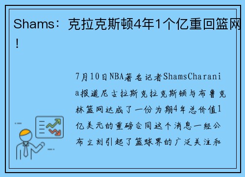 Shams：克拉克斯顿4年1个亿重回篮网！