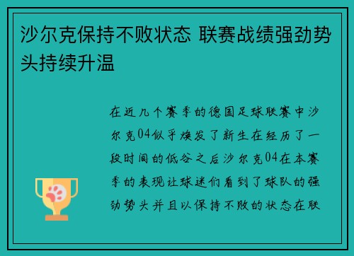 沙尔克保持不败状态 联赛战绩强劲势头持续升温