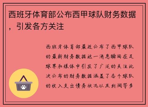 西班牙体育部公布西甲球队财务数据，引发各方关注