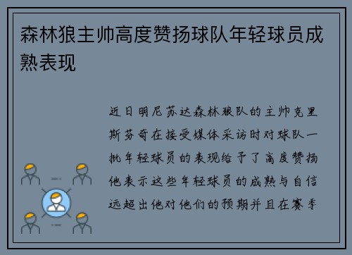 森林狼主帅高度赞扬球队年轻球员成熟表现